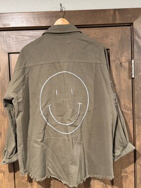 Olive Green Women's Button-Down Shirt with Smiley Back
